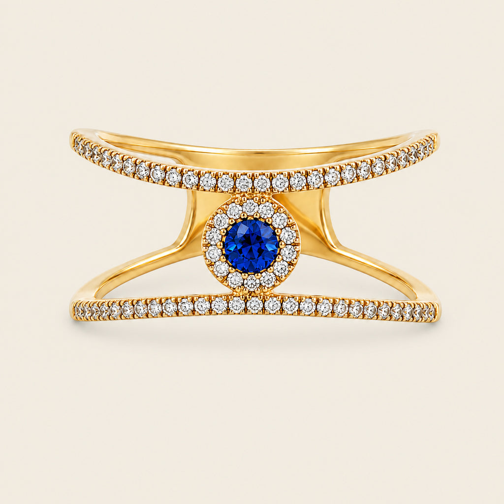 Beatriz – Anillo de Oro Amarillo 14k con Zafiro y Diamantes