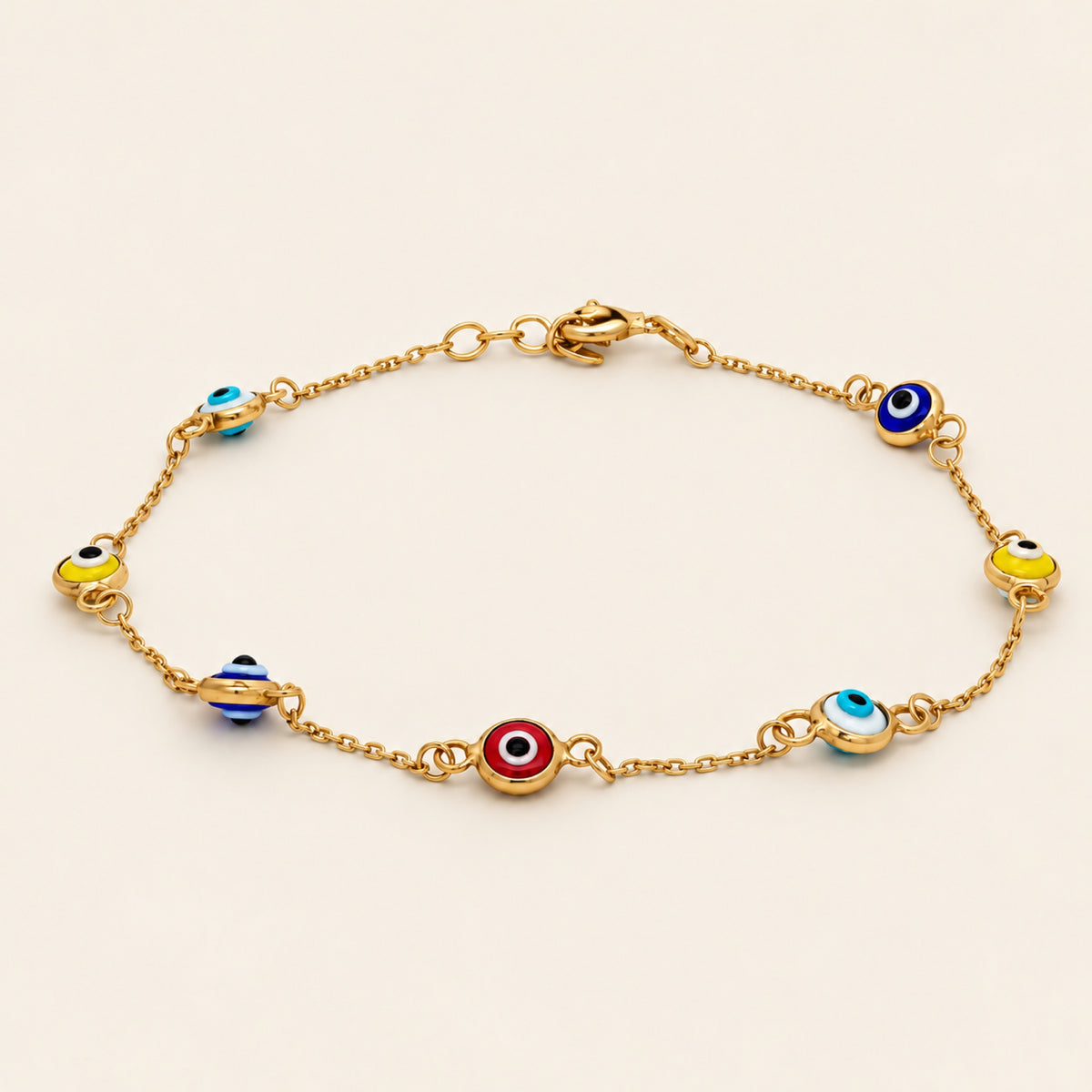 Pulsera de Oro Amarillo 10k con Ojos Turcos de Colores