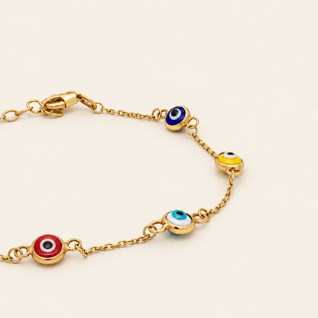 Pulsera de Oro Amarillo 10k con Ojos Turcos de Colores