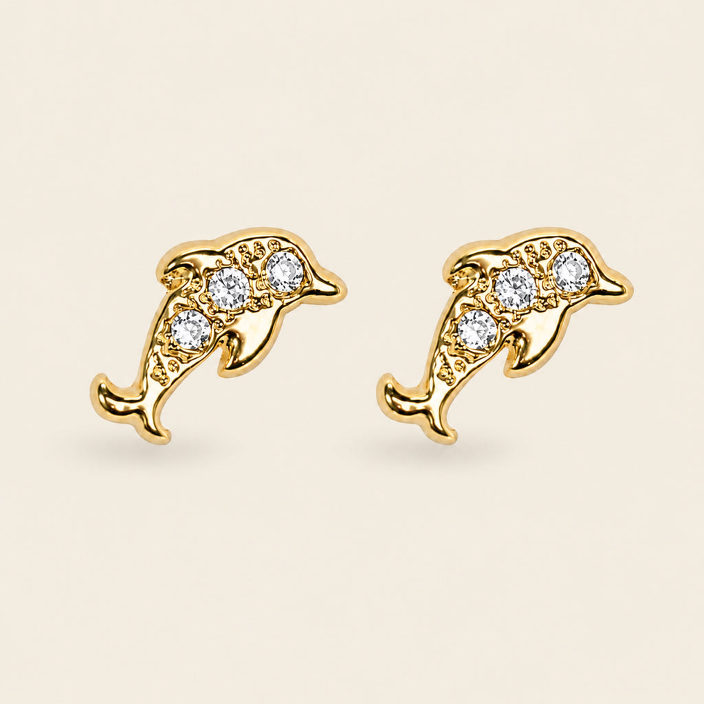Aretes de Delfín de Oro Laminado 18k con Brillantes