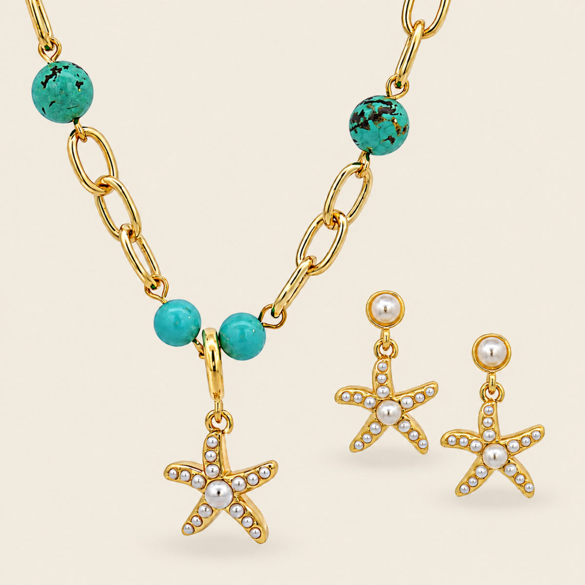 Juego de Collar y Aretes de Oro Laminado con Estrella y Turquesa