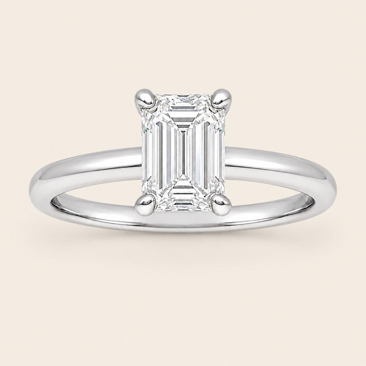 Anillo Solitario de Compromiso de Oro Blanco 14k con Diamante Esmeralda de Laboratorio