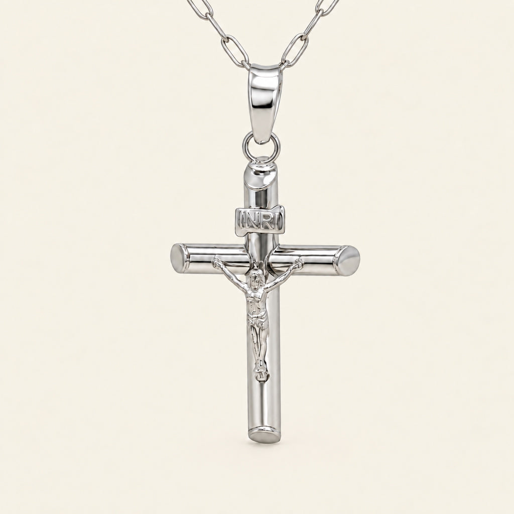 Dije de Cruz con Crucifijo de Oro Blanco 10k