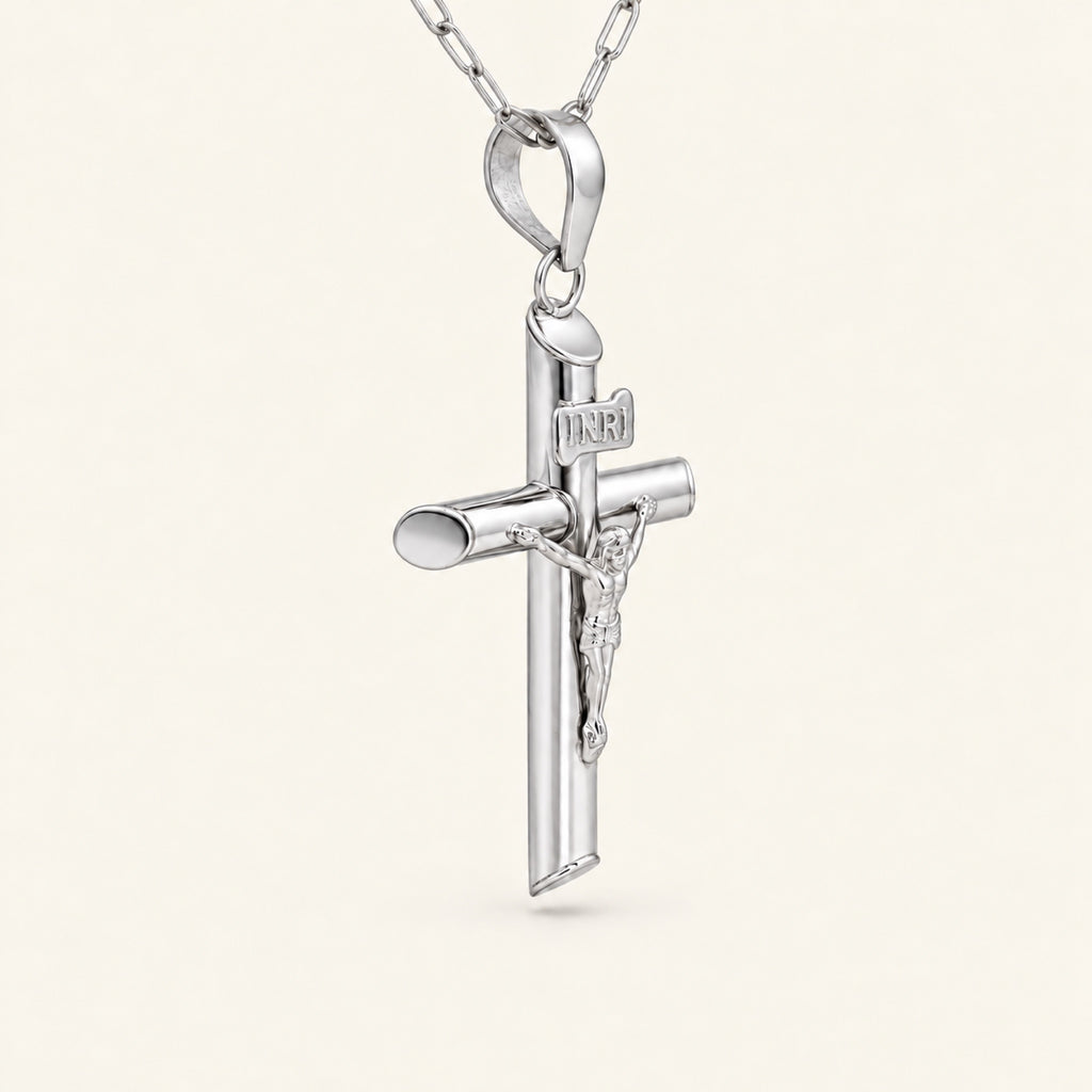 Dije de Cruz con Crucifijo de Oro Blanco 10k