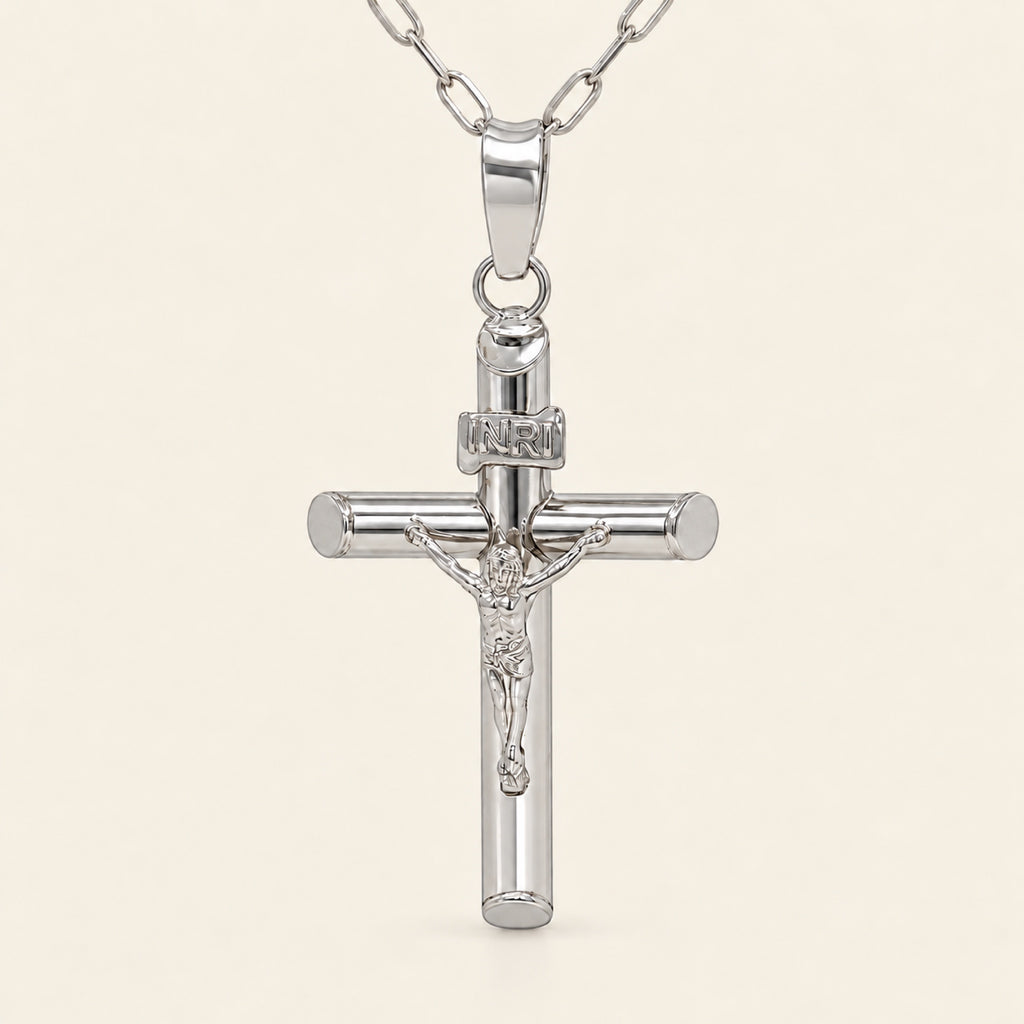 Dije de Cruz con Crucifijo de Oro Blanco 10k