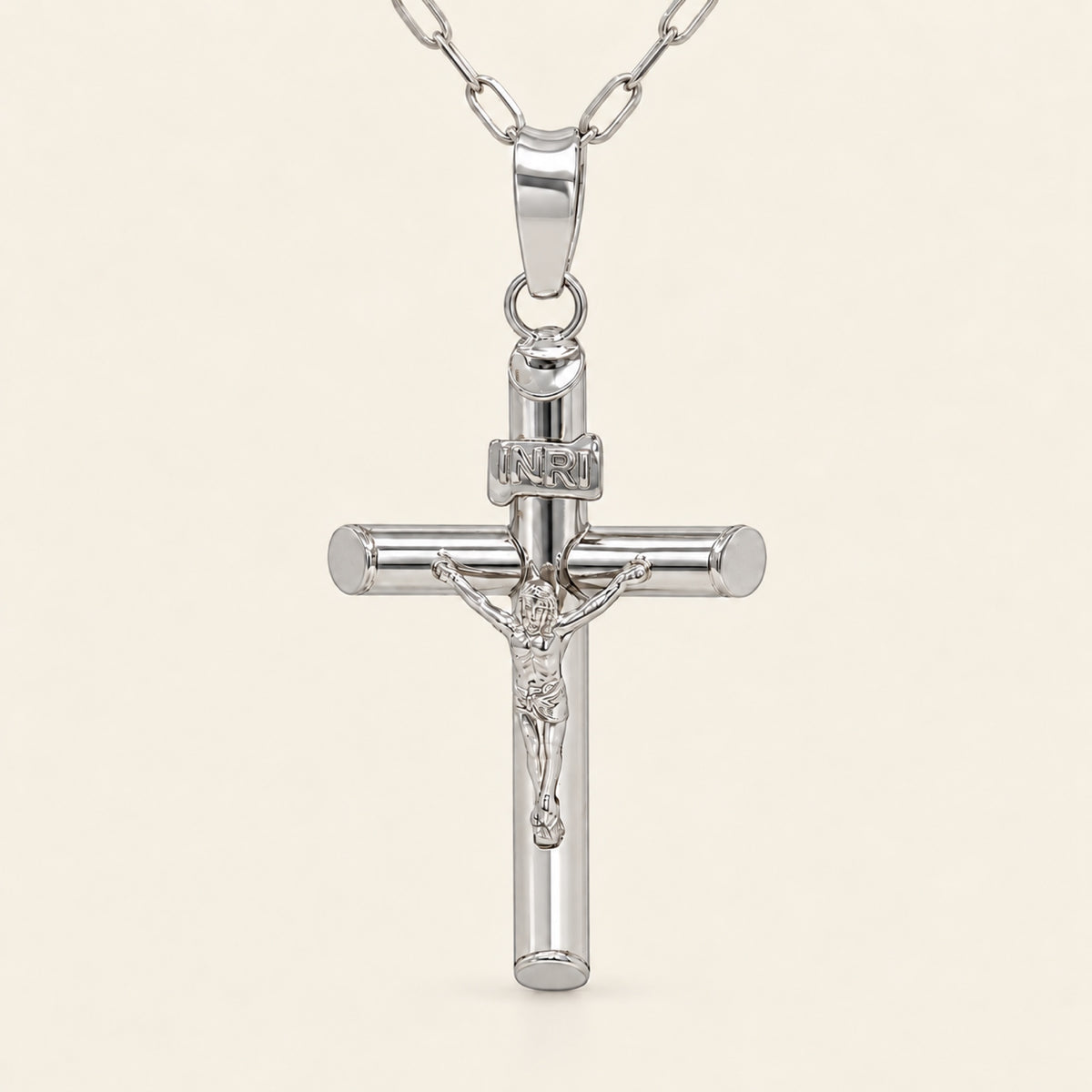 Dije de Cruz con Crucifijo de Oro Blanco 10k