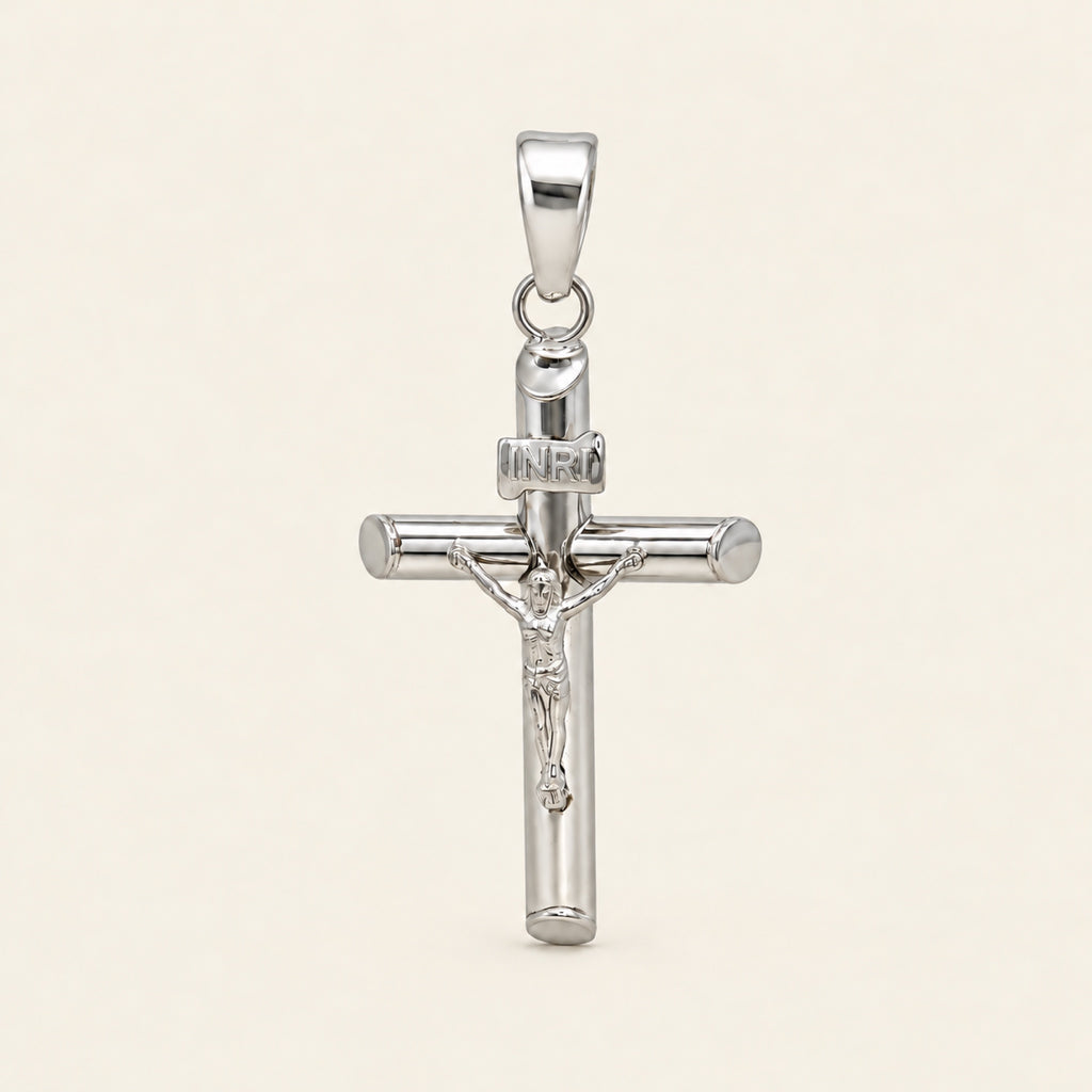 Dije de Cruz con Crucifijo de Oro Blanco 10k
