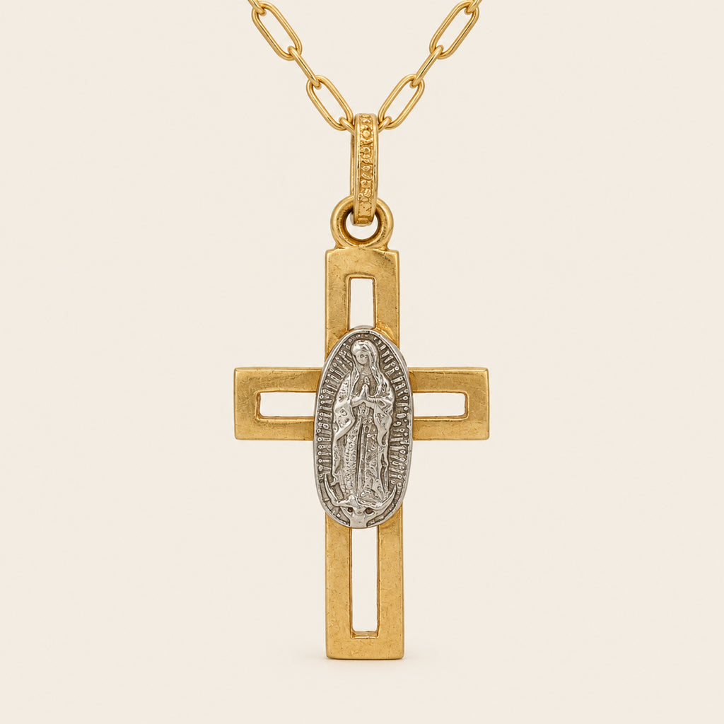 Dije de Cruz Calada de Oro Amarillo 10k con Virgen de Guadalupe en Oro Blanco