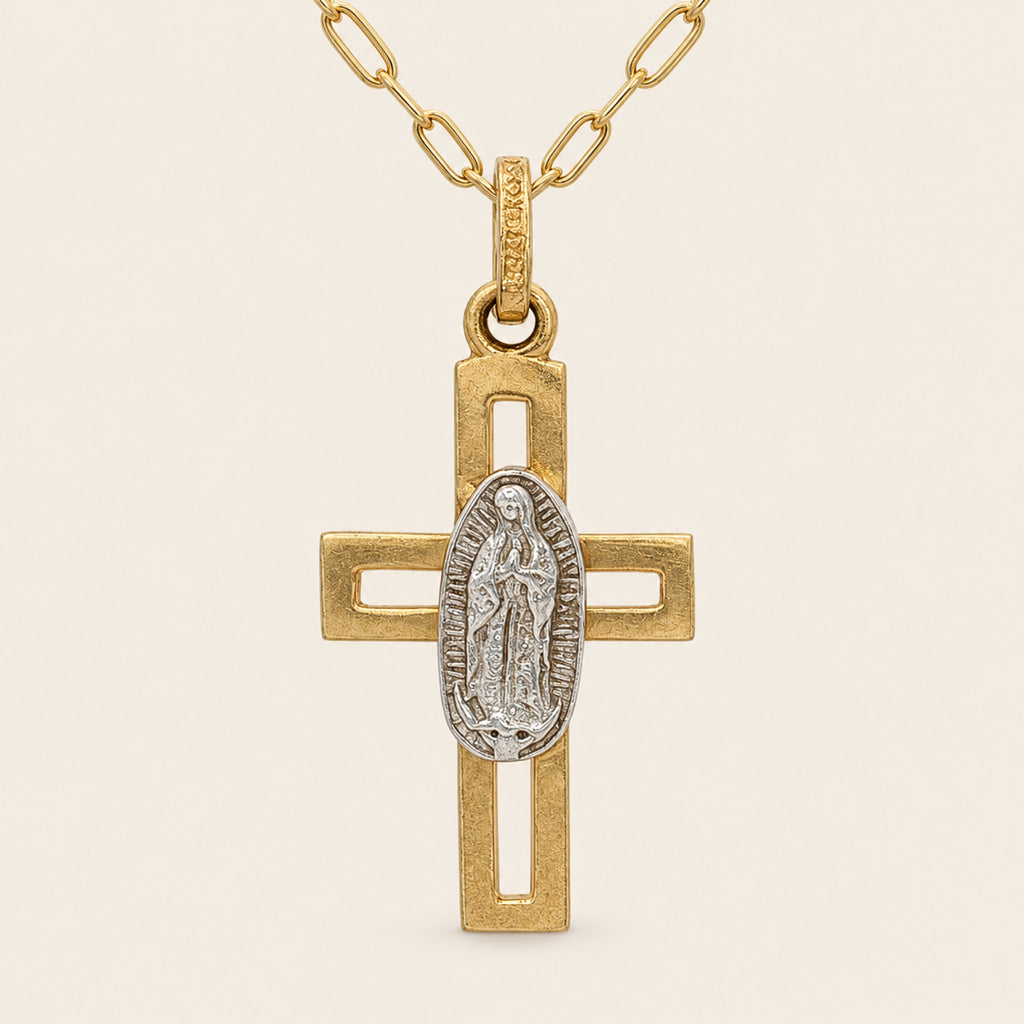 Dije de Cruz Calada de Oro Amarillo 10k con Virgen de Guadalupe en Oro Blanco