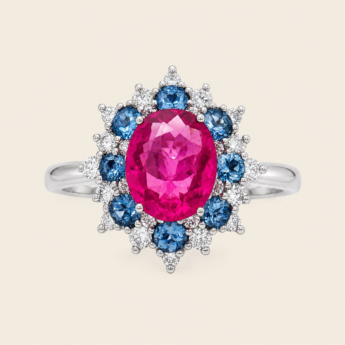 Esperanza – Anillo Flor de Oro Blanco 18k con Rubelita y Aguamarina
