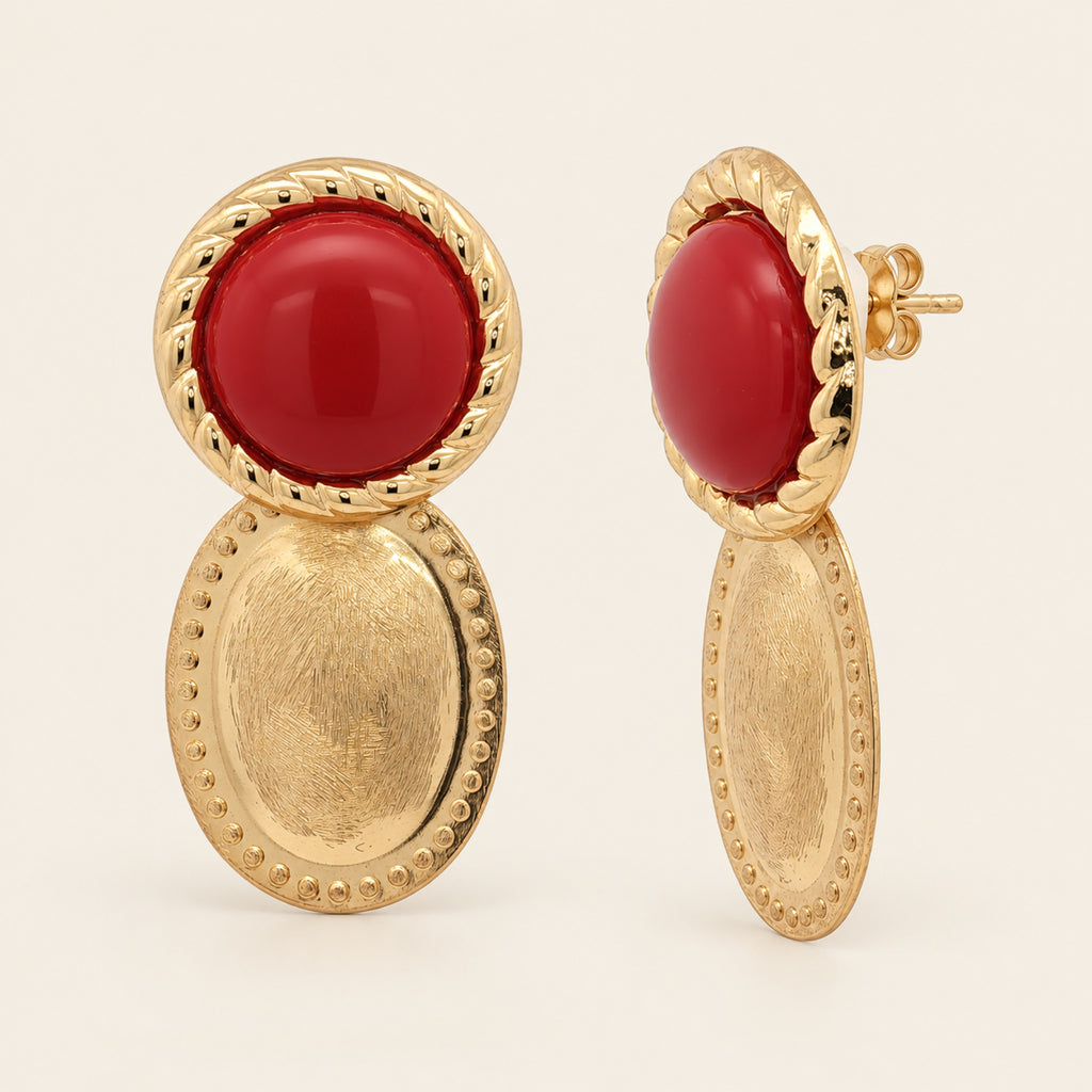 Aretes de Oro Laminado con Piedra de Resina y Óvalo Texturizado