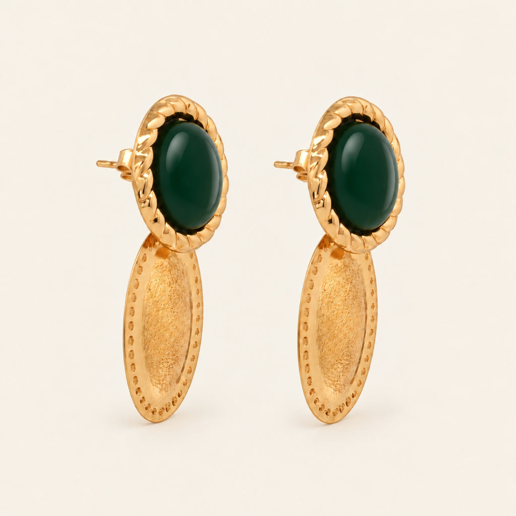 Aretes de Oro Laminado con Piedra de Resina y Óvalo Texturizado