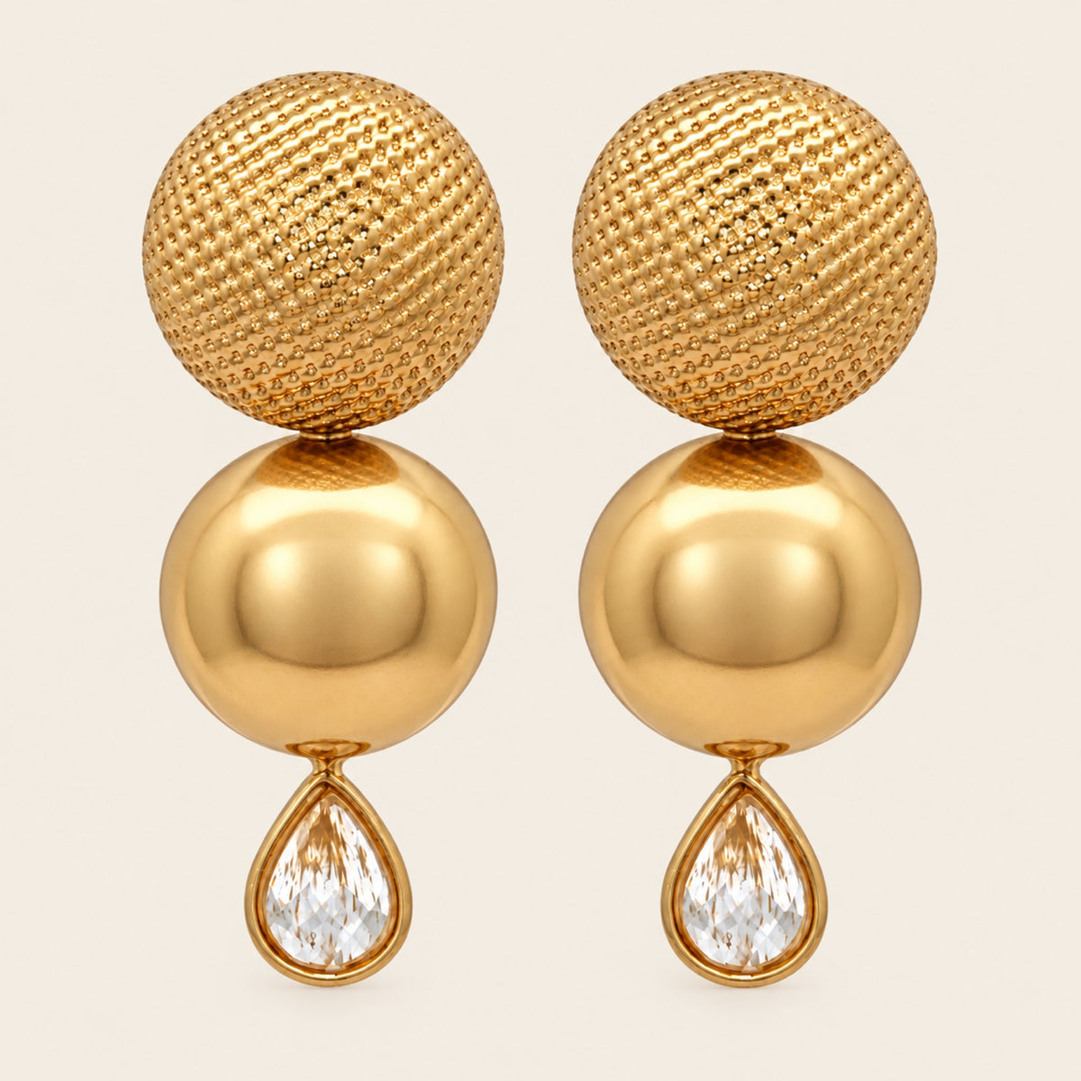 Aretes Largos de Oro Laminado con Esfera y Gota de Circonia