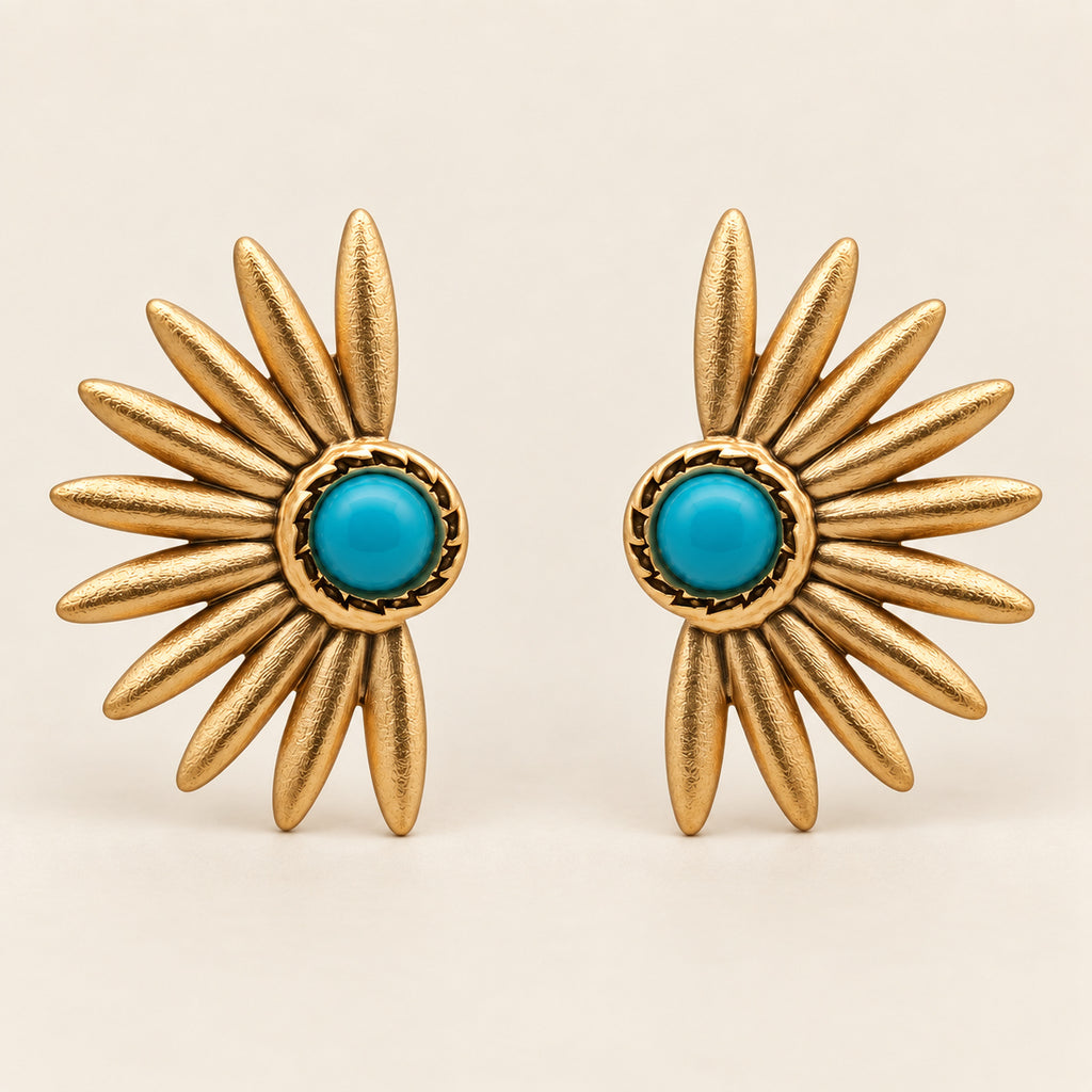 Aretes de Oro Laminado en Forma de Flor con Piedra Turquesa