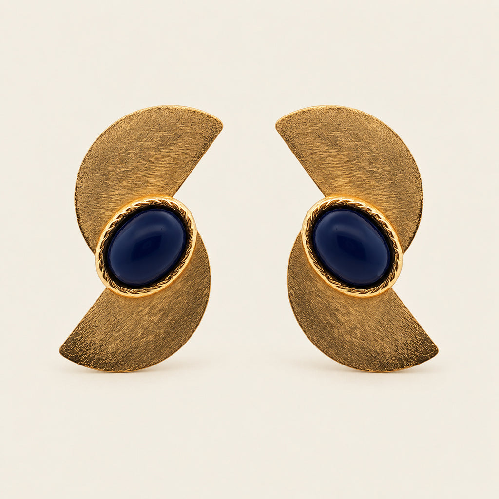 Aretes de Oro Laminado con Doble Media Luna y Piedra Azul Marino
