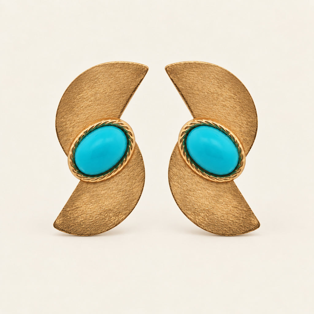 Aretes de Oro Laminado con Doble Media Luna y Piedra Turquesa