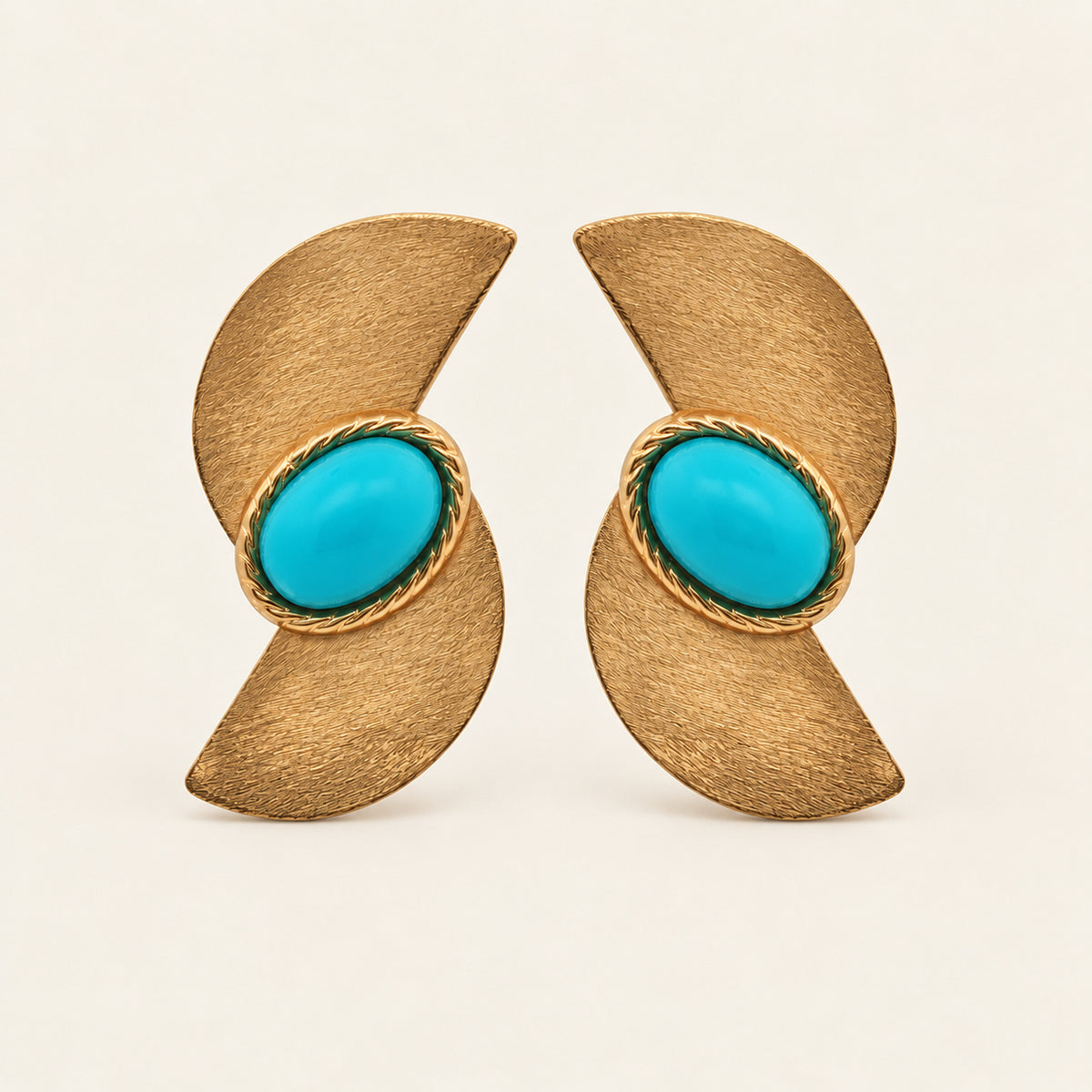 Aretes de Oro Laminado con Doble Media Luna y Piedra Turquesa