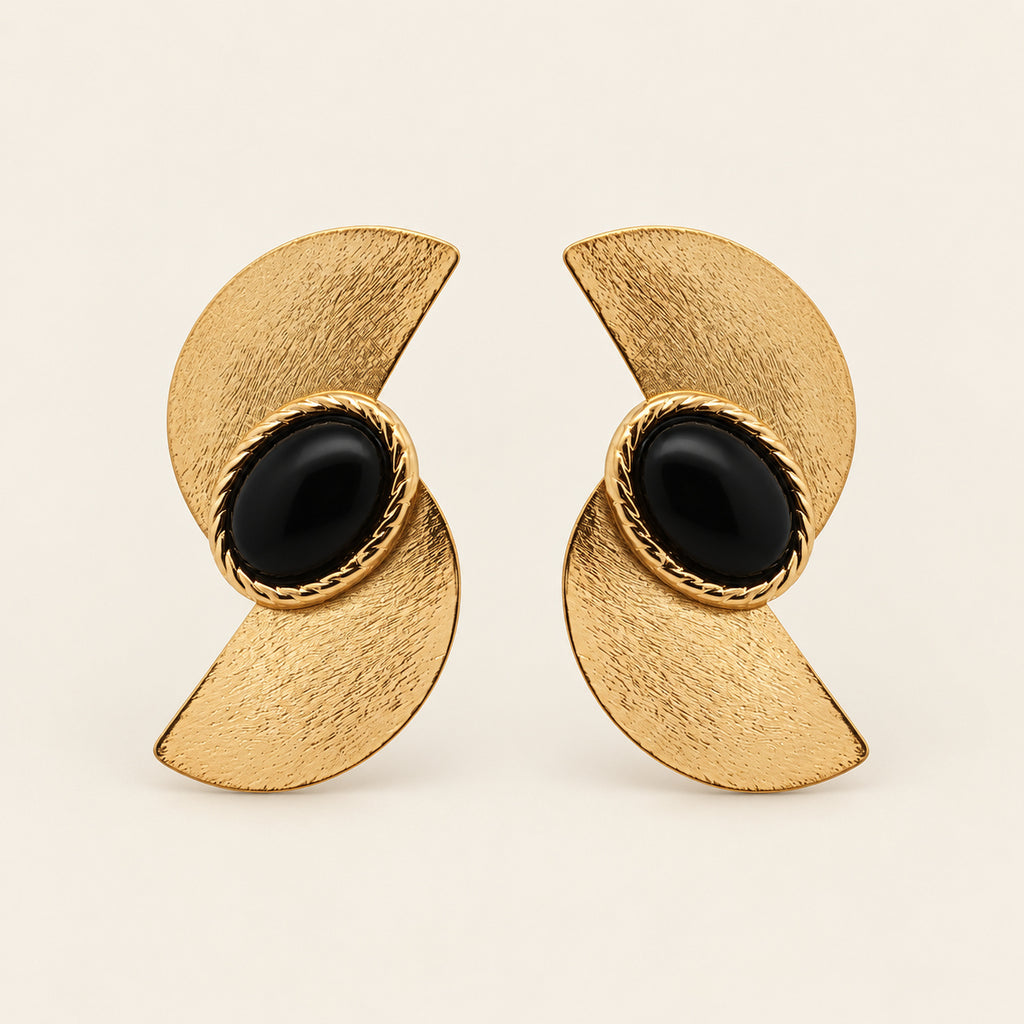 Aretes de Oro Laminado con Doble Media Luna y Piedra Negra