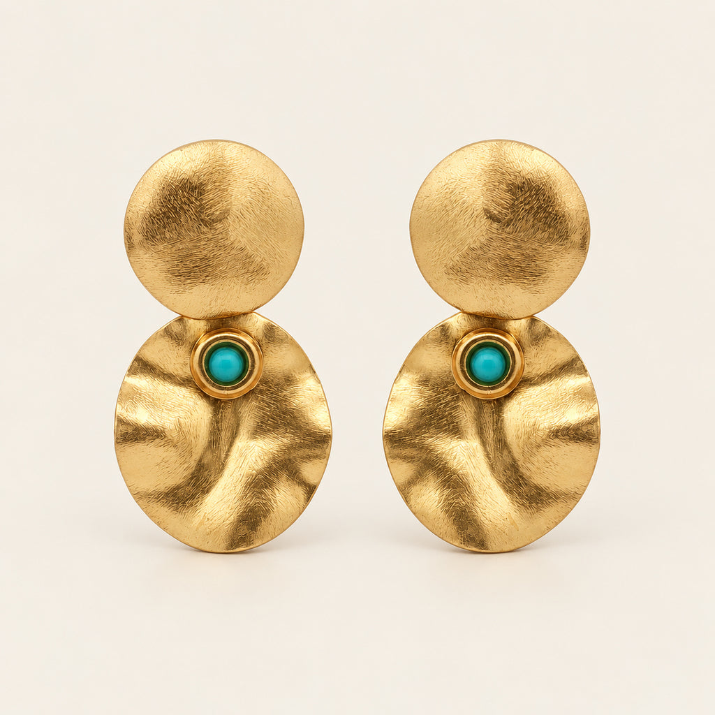 Aretes Largos de Oro Laminado con Doble Disco y Piedra Turquesa