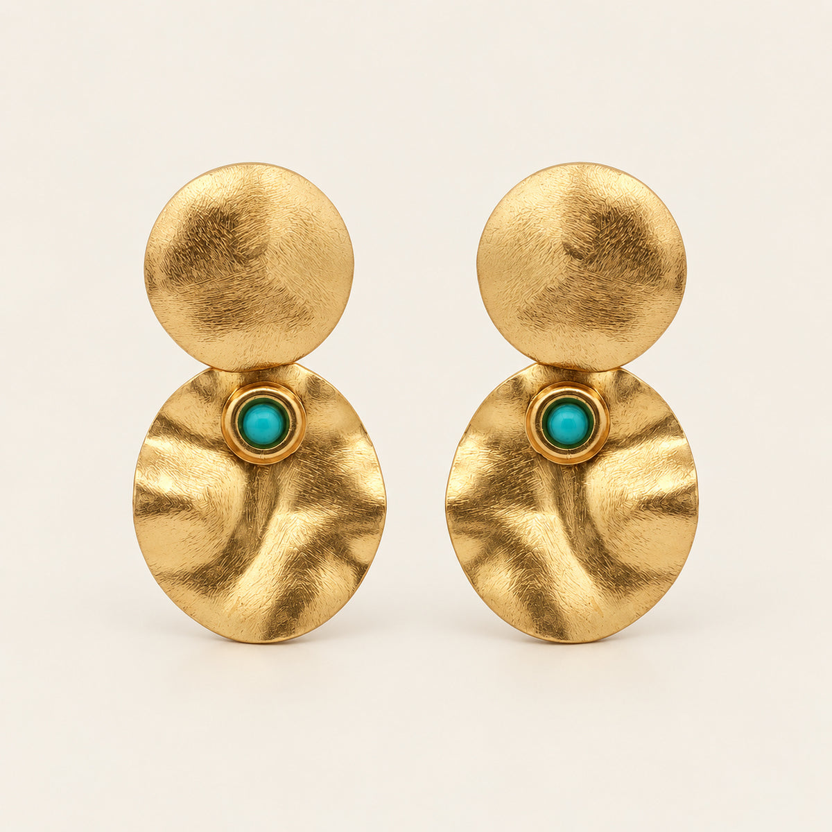 Aretes Largos de Oro Laminado con Doble Disco y Piedra Turquesa