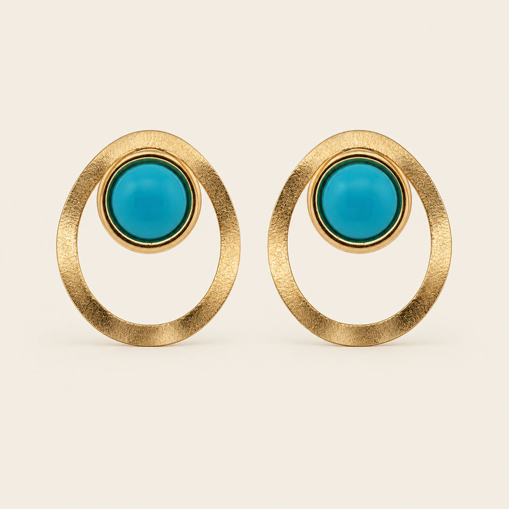 Aretes de Aro Oval de Oro Laminado con Piedra Turquesa