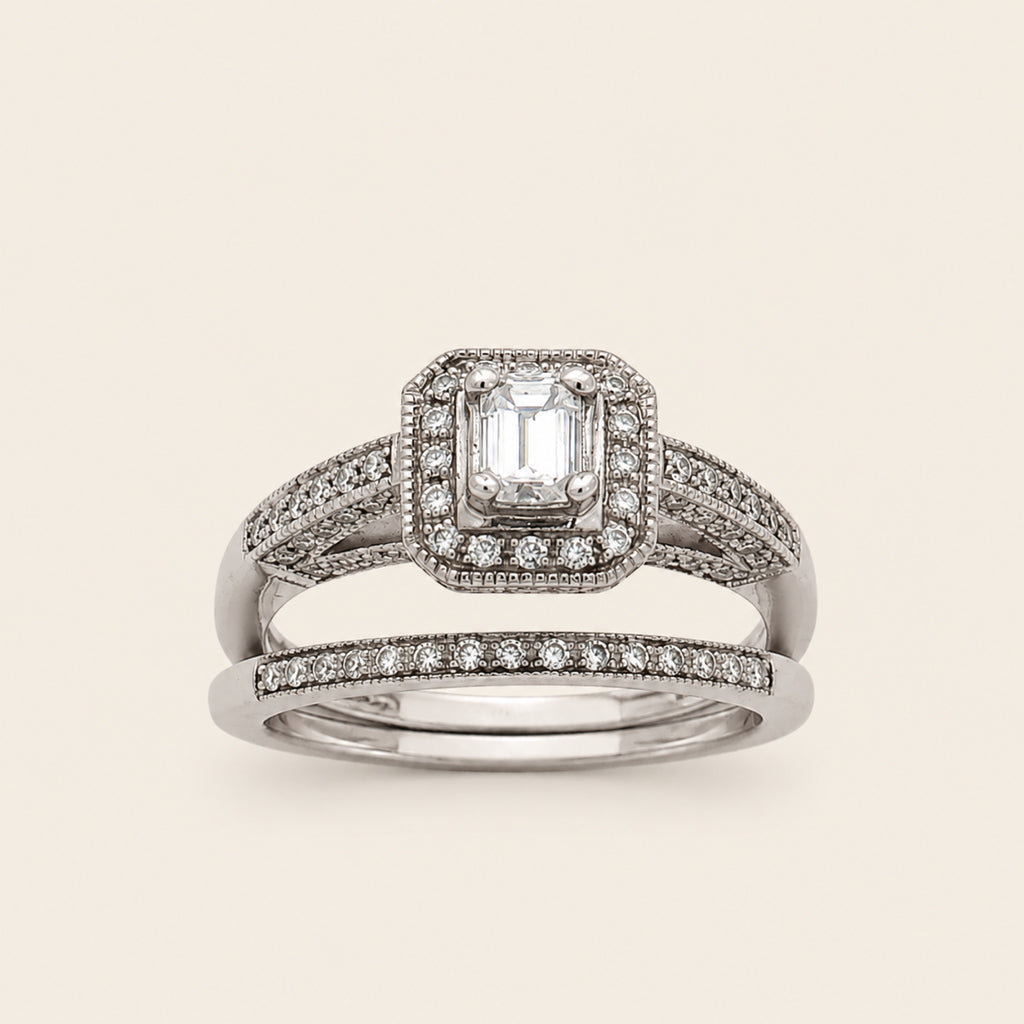 Set de Anillo de Compromiso y Churumbela de Oro Blanco 14k con Diamantes