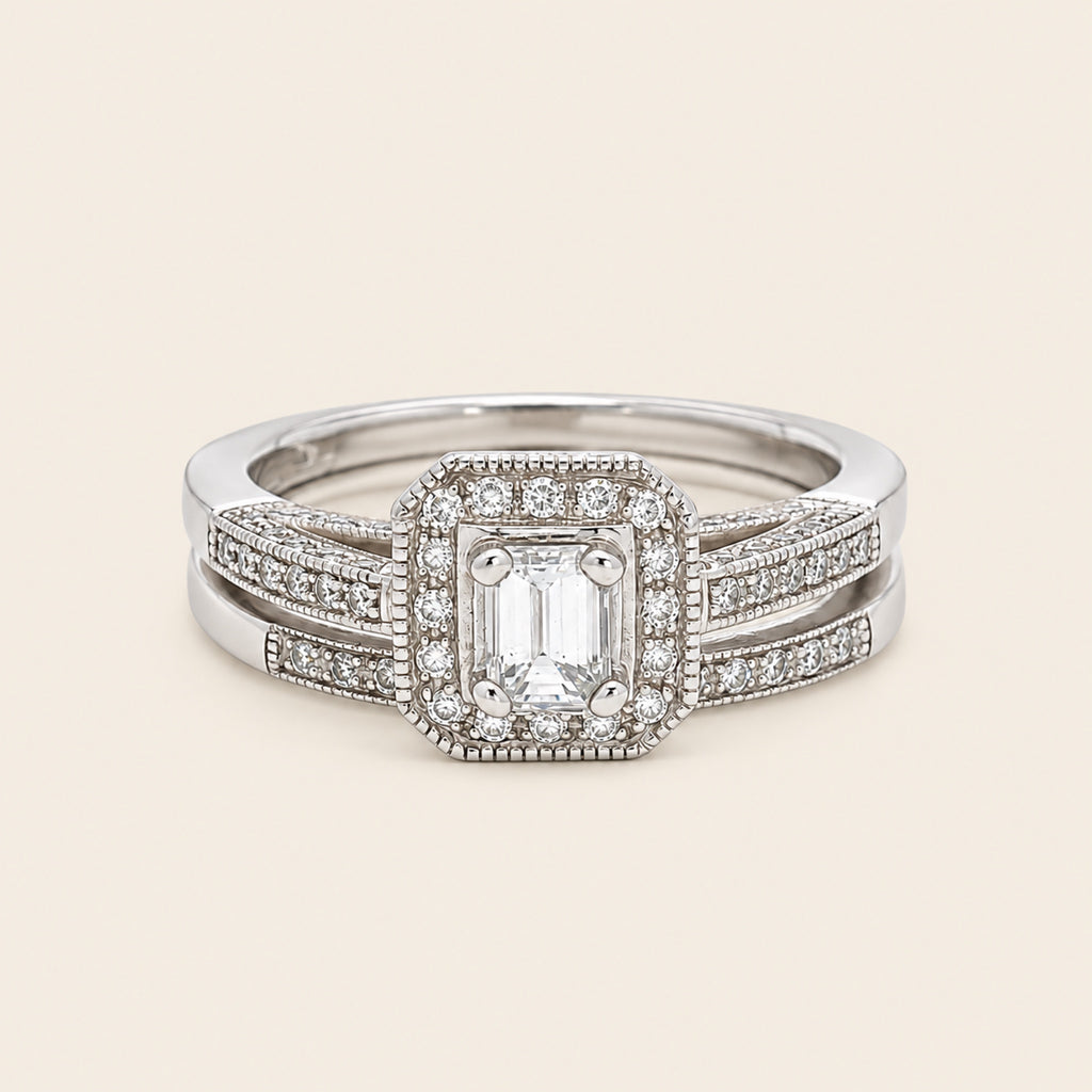 Set de Anillo de Compromiso y Churumbela de Oro Blanco 14k con Diamantes