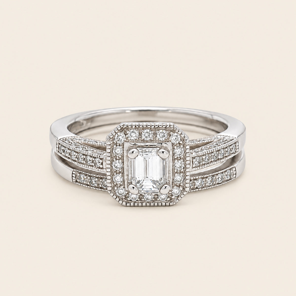 Set de Anillo de Compromiso y Churumbela de Oro Blanco 14k con Diamantes