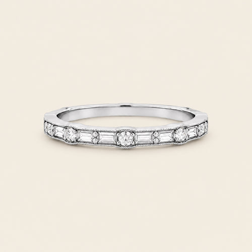 Alianza / Churumbela Vintage de Oro Blanco 14k con Diamante Baguette