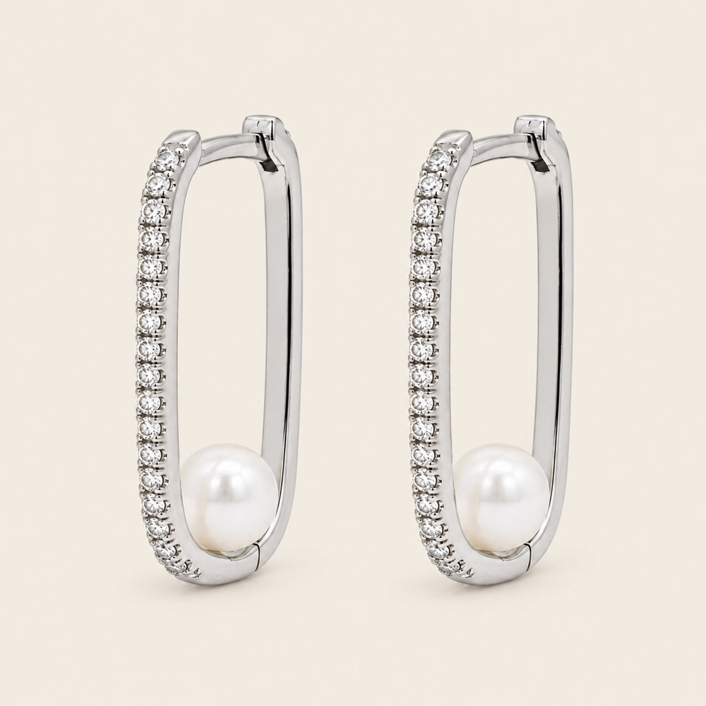 Miranda – Huggies de Oro Blanco 14k con Perla y Diamante