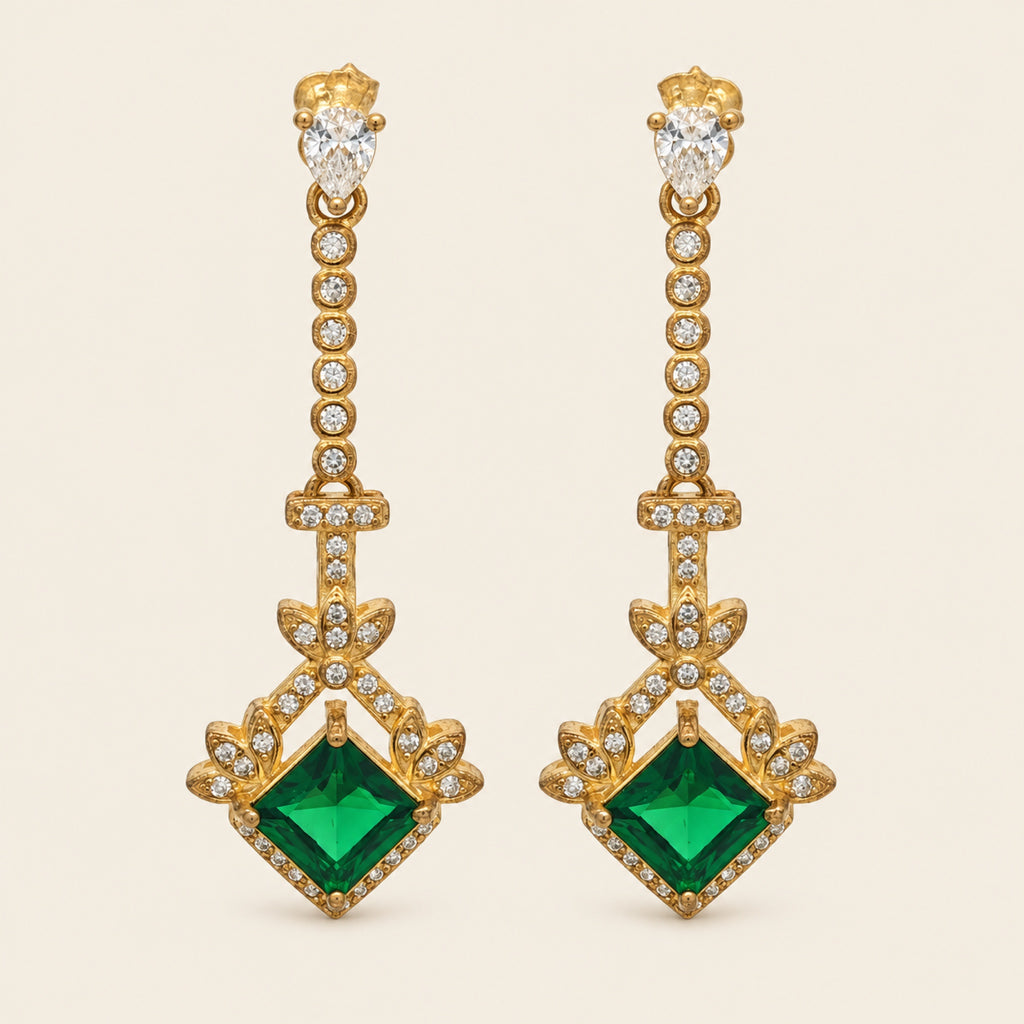 Aretes Largos de Plata 925 Dorada con Piedra Verde y Circonias