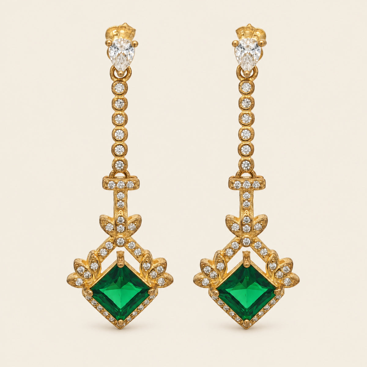 Aretes Largos de Plata 925 Dorada con Piedra Verde y Circonias