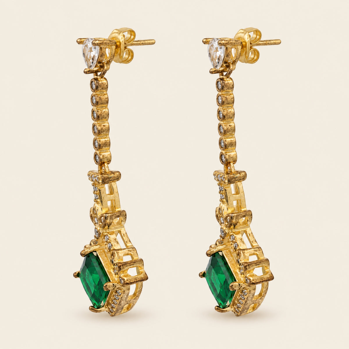 Aretes Largos de Plata 925 Dorada con Piedra Verde y Circonias