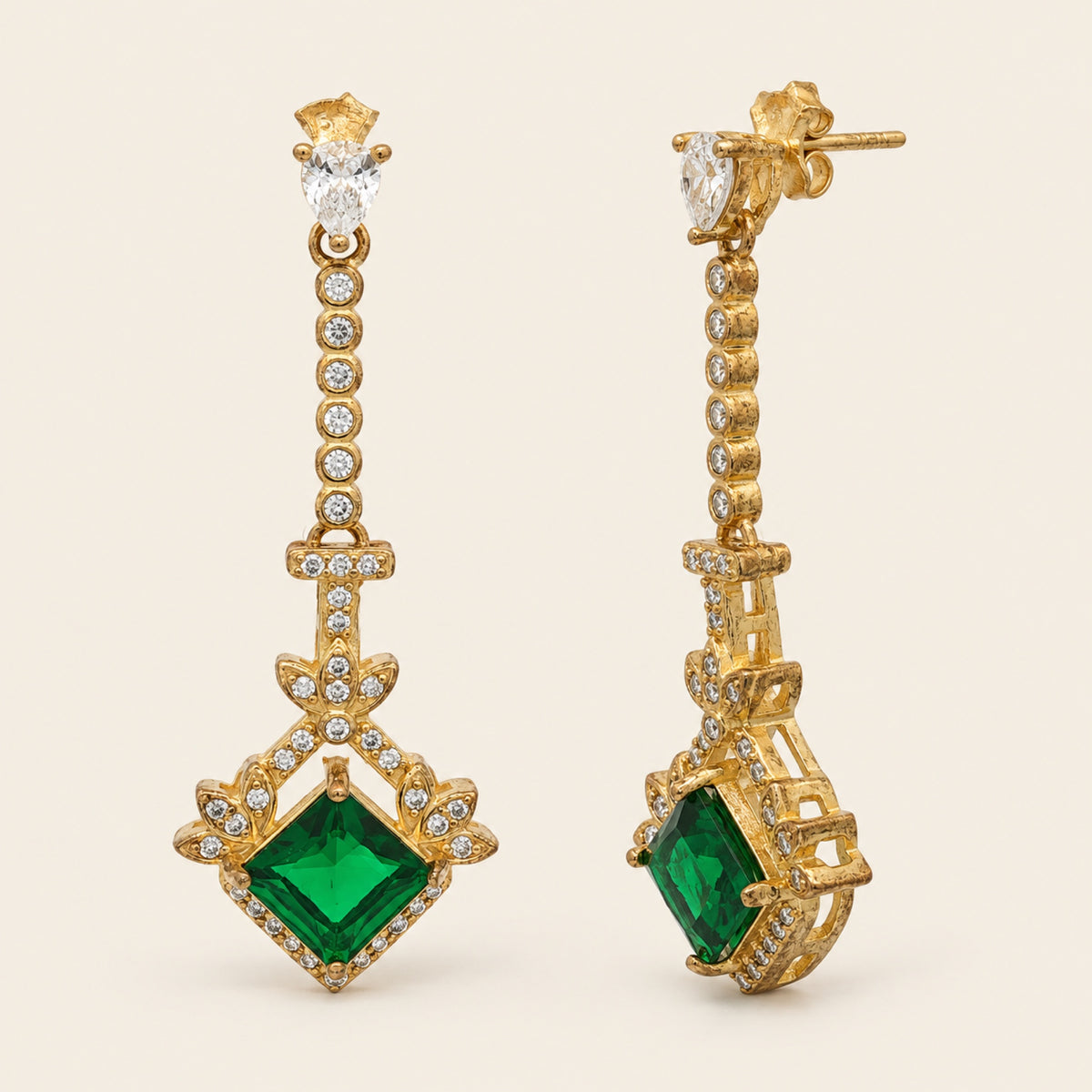 Aretes Largos de Plata 925 Dorada con Piedra Verde y Circonias