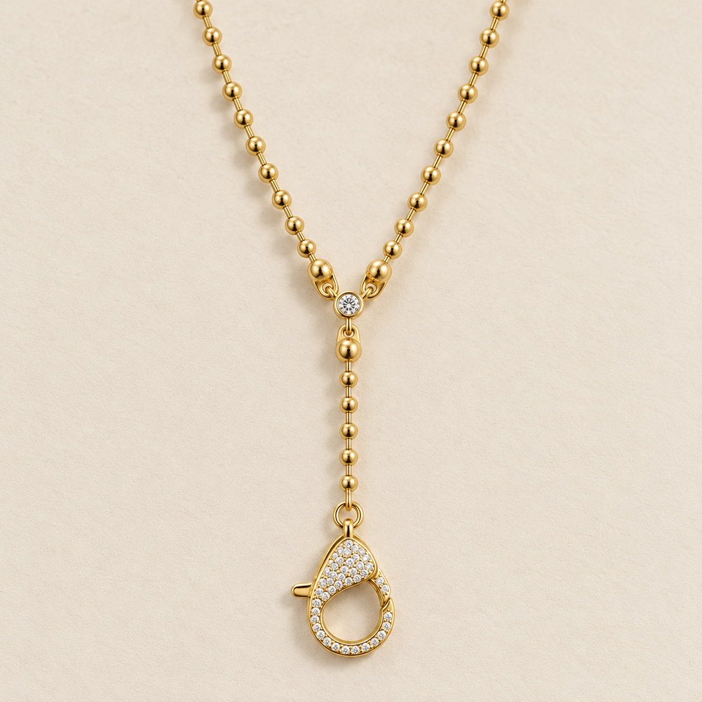 Collar en Y Dorado con Cadena de Bolitas y Broche Pavé