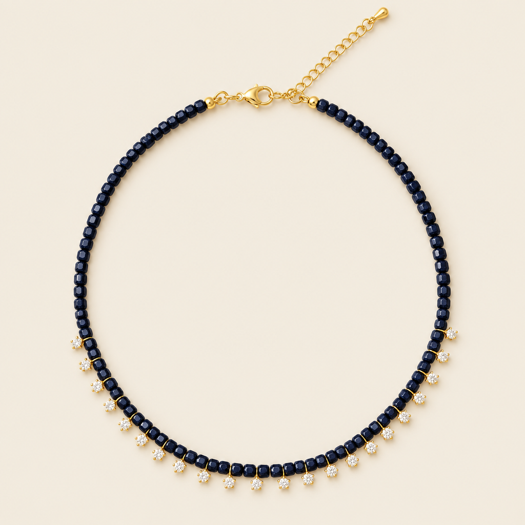 Estrellas – Collar Dorado con Goldstone Azul y Dijes de Estrella