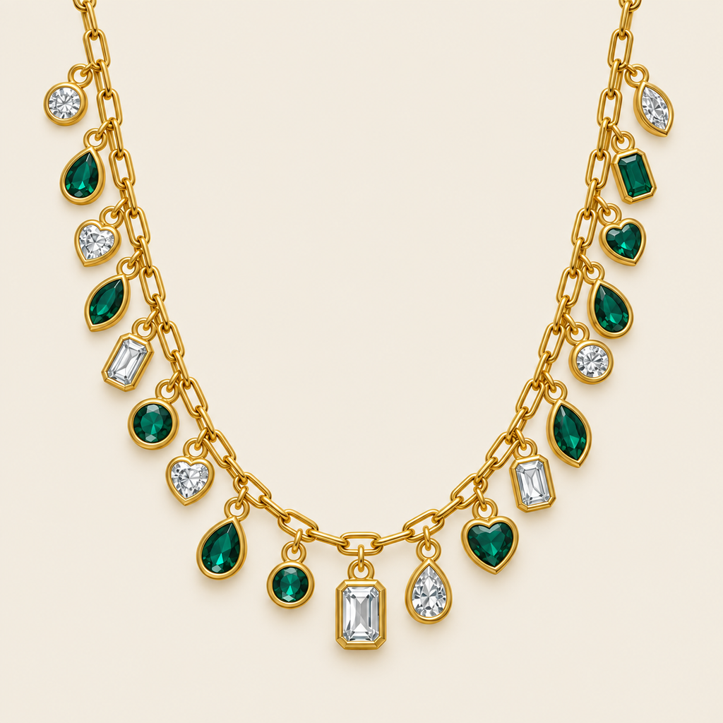Collar Dorado con Dijes de Gota y Cuadrados Verdes