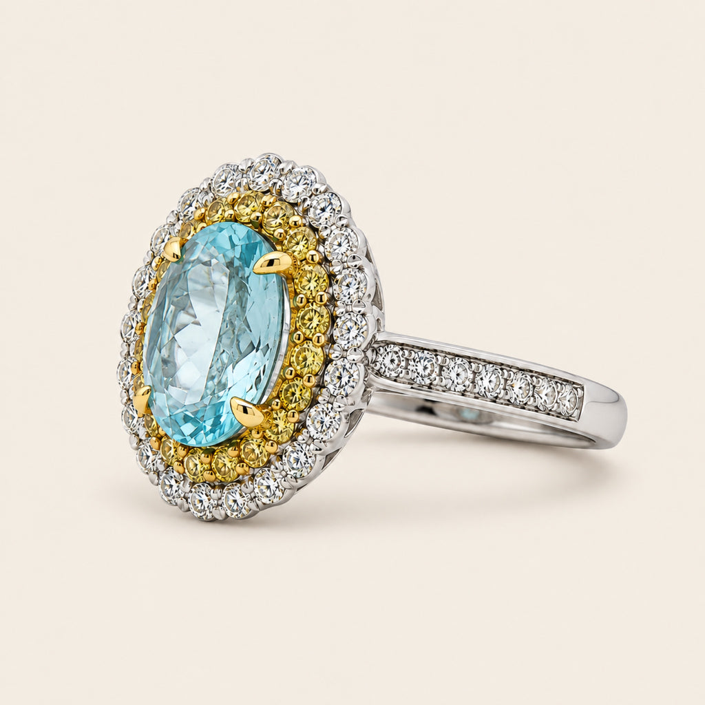 Antonella – Anillo de Oro 14k Dos Tonos con Aguamarina y Diamantes