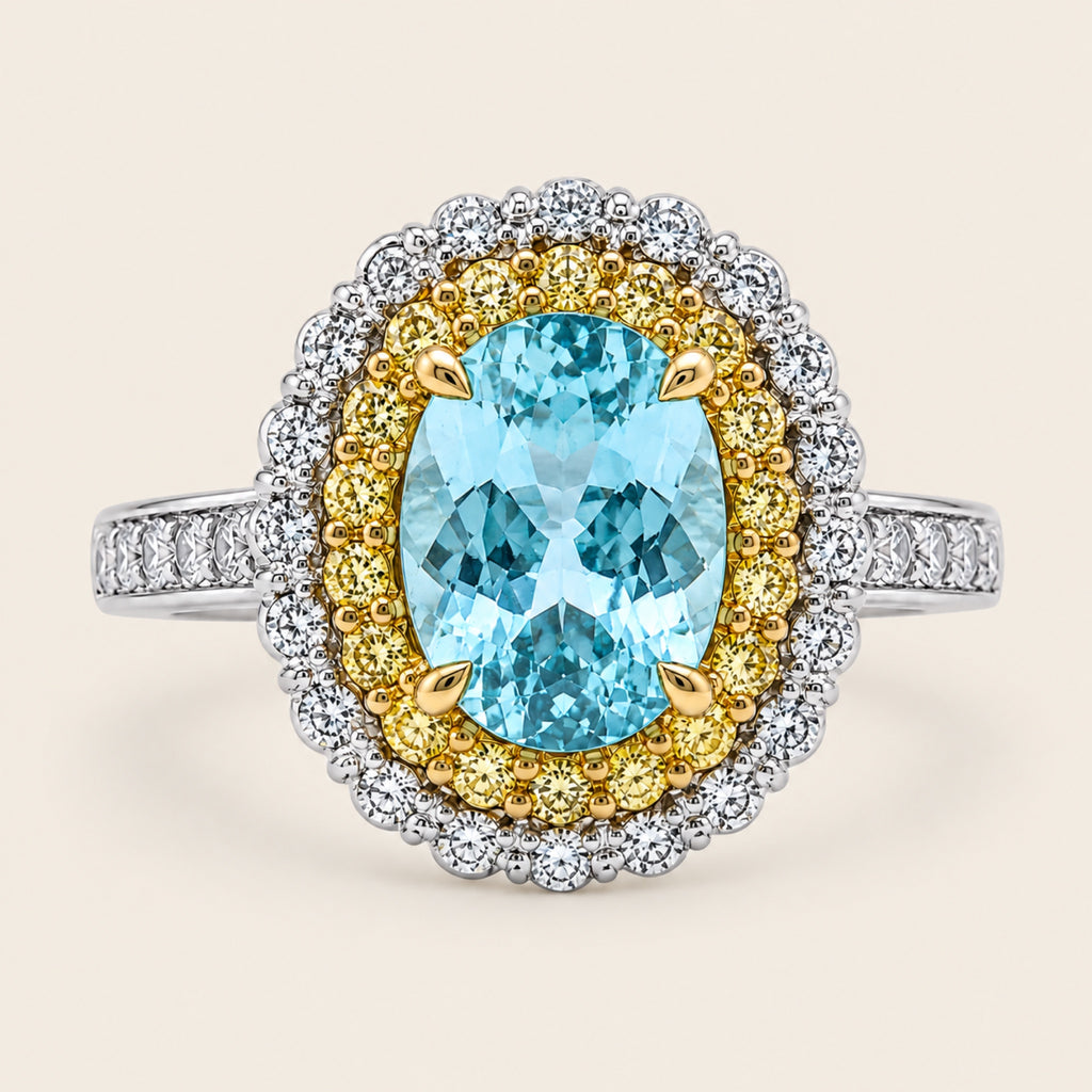 Antonella – Anillo de Oro 14k Dos Tonos con Aguamarina y Diamantes