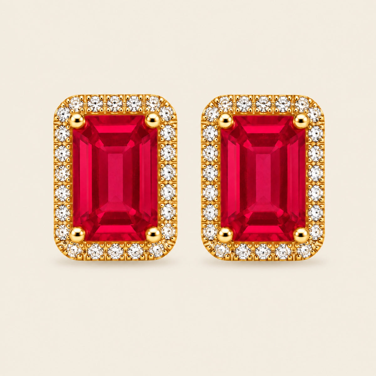 Aretes de Oro Amarillo 14k con Rubí Esmeralda y Halo de Diamantes