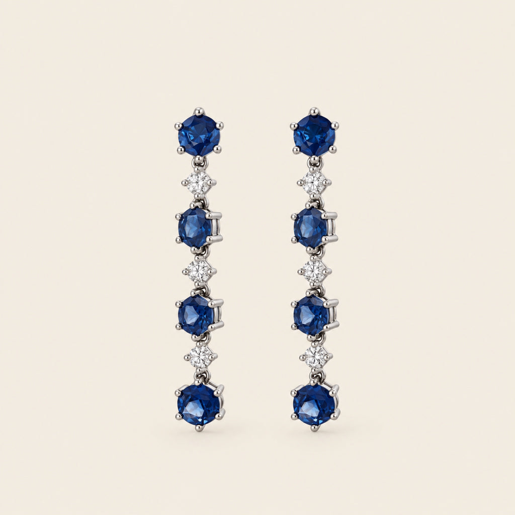 Aretes Largos de Oro Blanco 18k con Zafiros y Diamantes