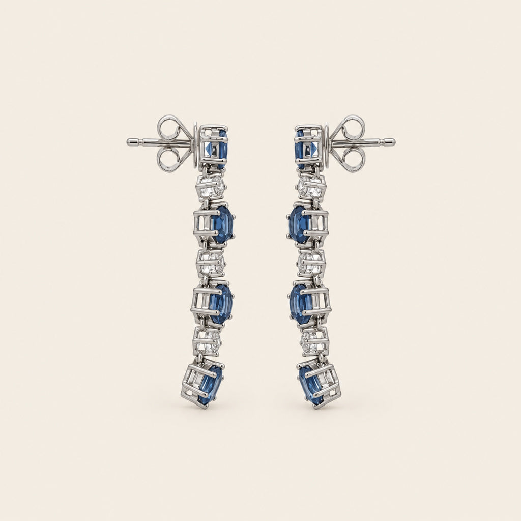 Aretes Largos de Oro Blanco 18k con Zafiros y Diamantes