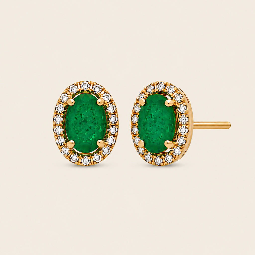 Broqueles de Oro Amarillo 18k con Esmeralda Ovalada y Chaqueta de Diamantes Removible