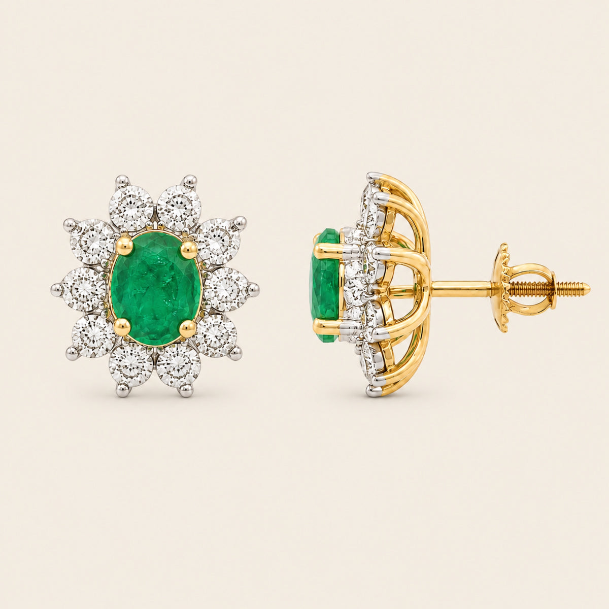 Josefina – Aretes Stud de Oro Amarillo 14k con Esmeralda y Diamante