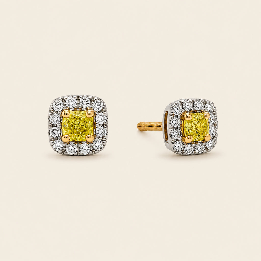 Broqueles de Oro Blanco 14k con Diamante Amarillo y Halo de Diamantes