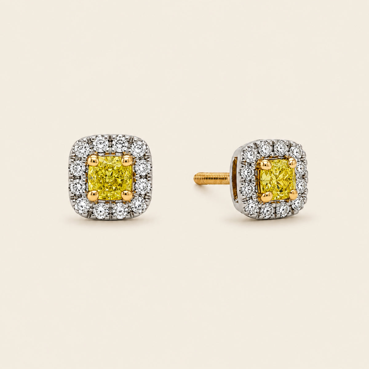 Broqueles de Oro Blanco 14k con Diamante Amarillo y Halo de Diamantes