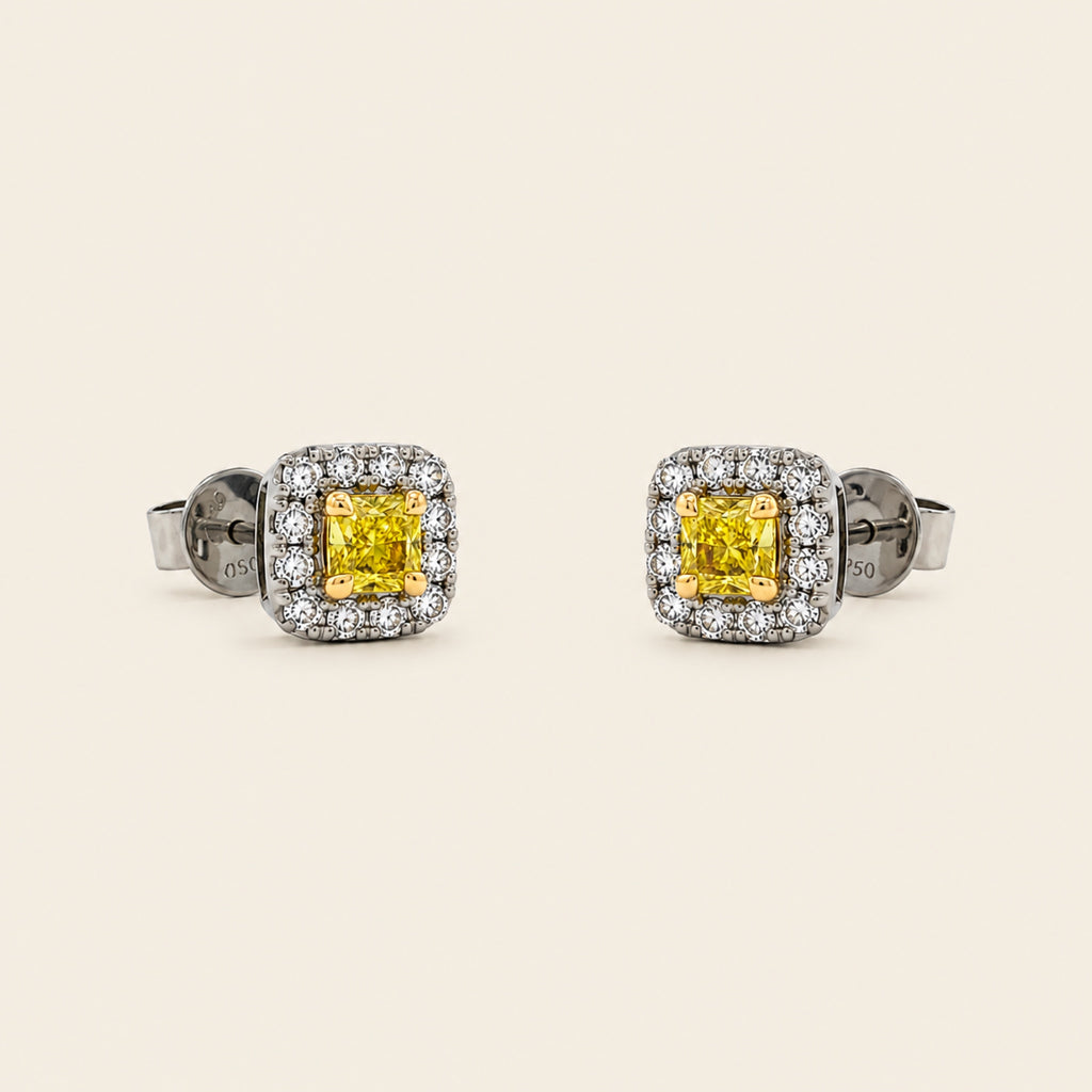 Broqueles de Oro Blanco 14k con Diamante Amarillo y Halo de Diamantes