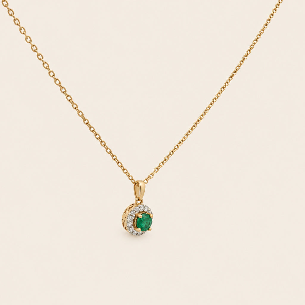 Dije de Oro 14k con Piedra Redonda y Halo de Diamantes