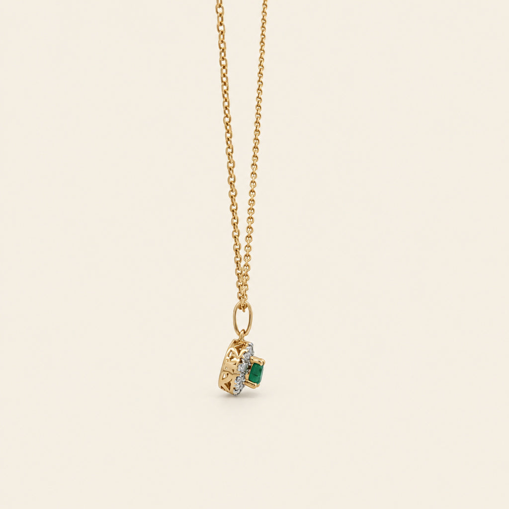 Dije de Oro 14k con Piedra Redonda y Halo de Diamantes