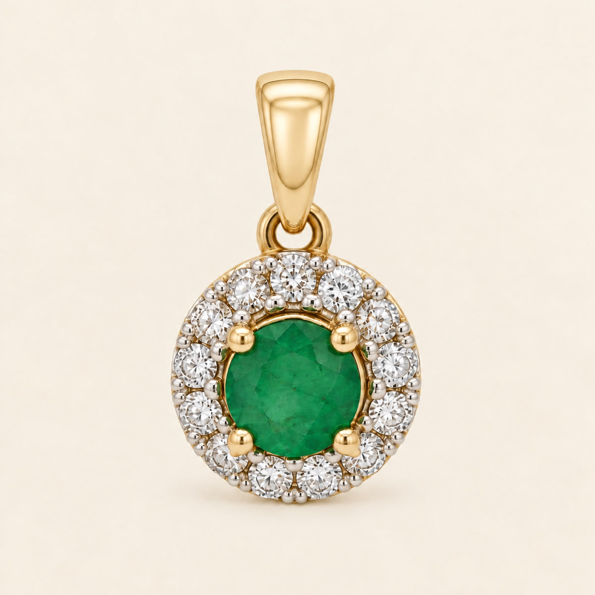 Dije de Oro 14k con Piedra Redonda y Halo de Diamantes